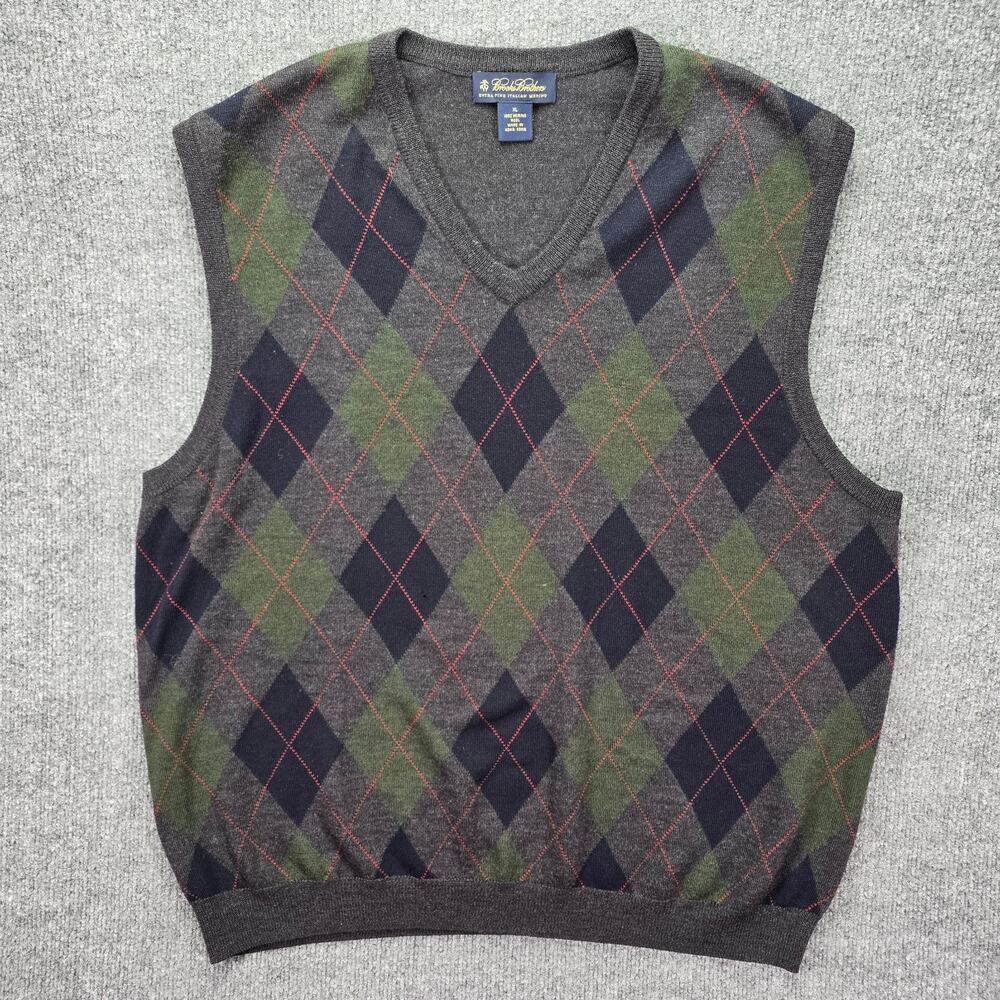 Brooks Brothers Sweater Vest Mens XL Gray Argyle Merino Wool V Neck Pullover